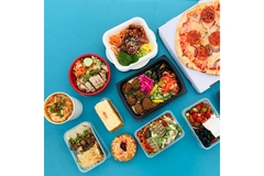 A collection of food packagings from above.